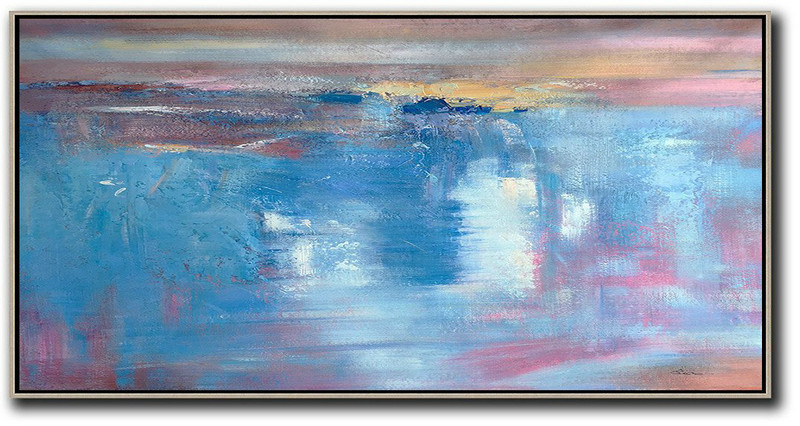 Handmade Extra Large Contemporary Painting,Horizontal Palette Knife Contemporary Art,Extra Large Artwork,Pink,Sky Blue,Blue,Grey,Brown.etc